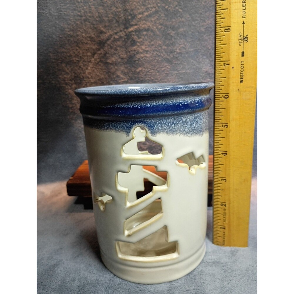 Retired Yankee Candle Lighthouse Ceramic Candle Holder Set Coastal Nautical Blue - Picture 8 of 16